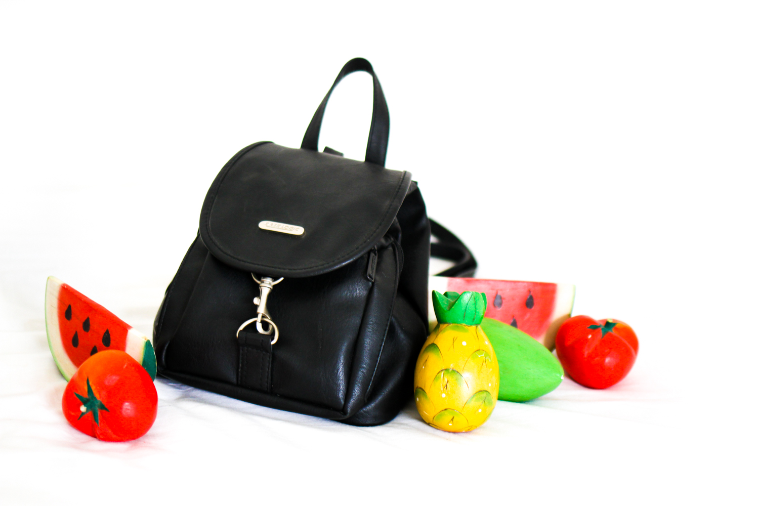 nemesis babe new in leather backpack and wooden fruit