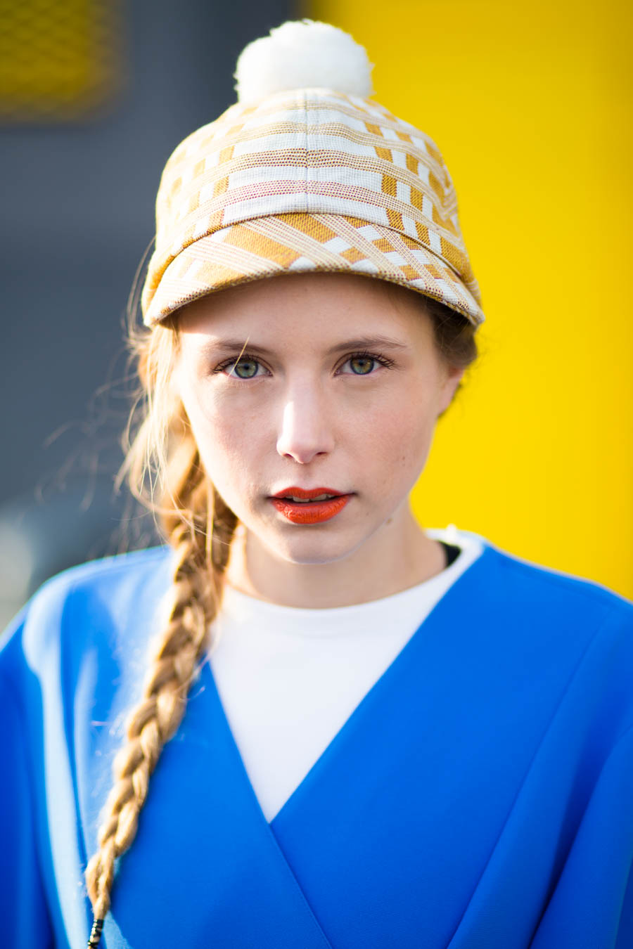 outfit november nemesis babe marie jensen danish blogger blue jacket dress wrap yellow hat costo pom pom -1-5