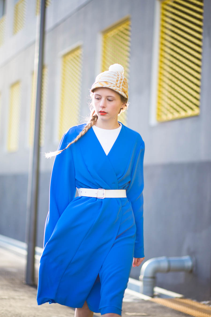 outfit november nemesis babe marie jensen danish blogger blue jacket dress wrap yellow hat costo pom pom -4