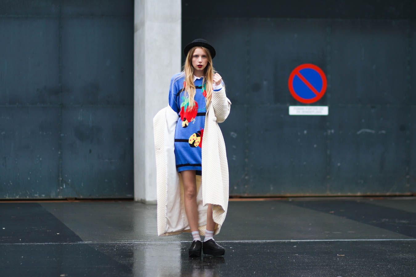 outfit october nemesis babe tomato sweater dress bowler hat shellys london shoes socks red lipstick-1