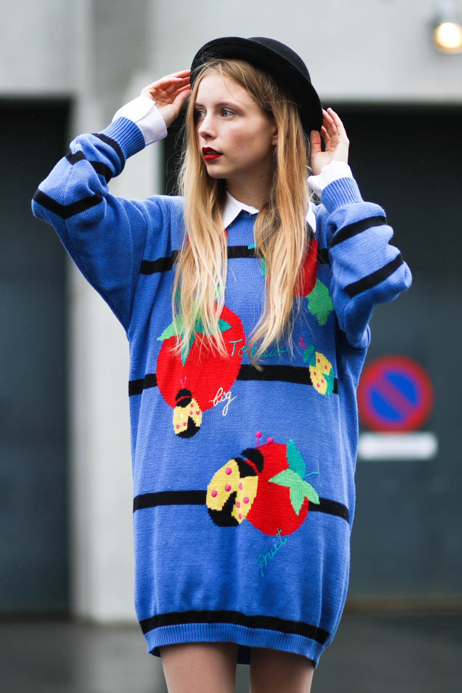 outfit october nemesis babe tomato sweater dress bowler hat shellys london shoes socks red lipstick-3