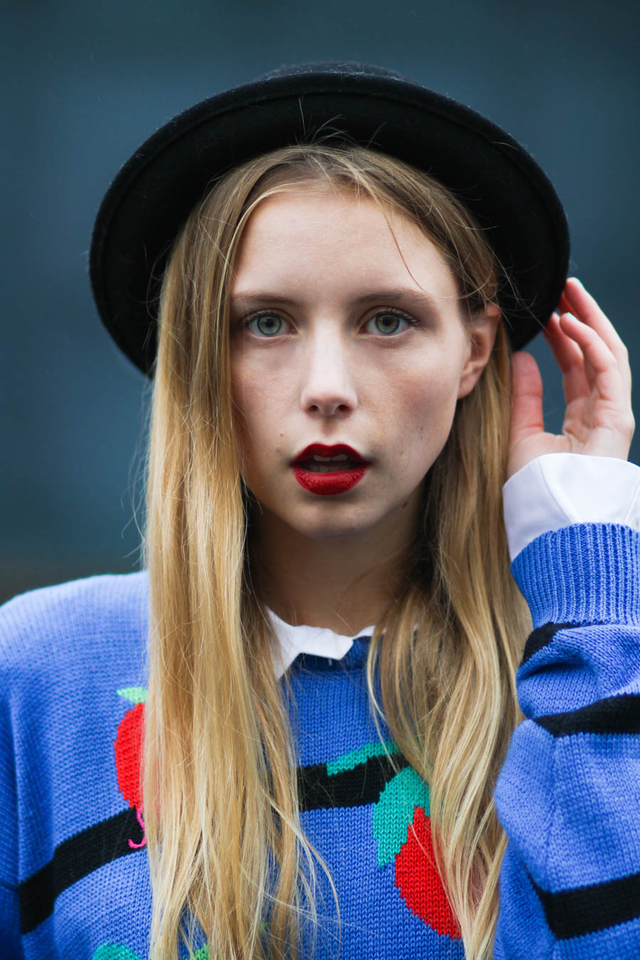 outfit october nemesis babe tomato sweater dress bowler hat shellys london shoes socks red lipstick-6