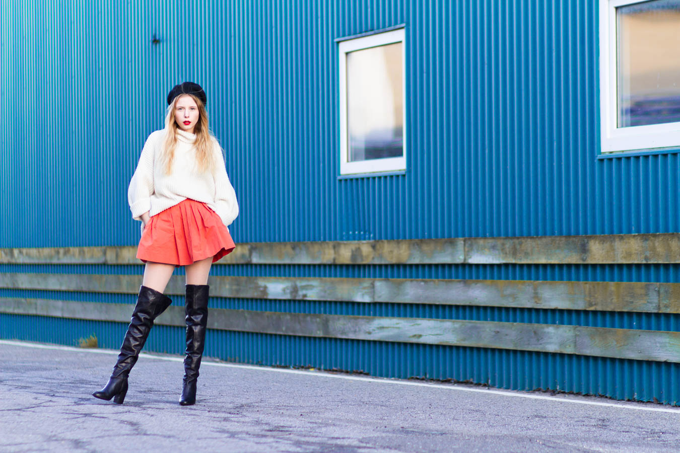outfit december nemesis babe marie jensen danish blogger thigh high boots sarenza zara orange skirt vintage sweater and beret-1